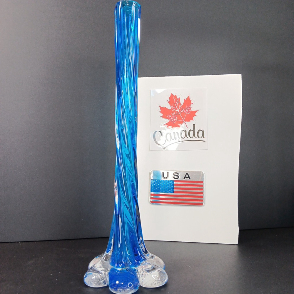 Vintage hand blown blue glass twist bud vase elephant foot 11” Gorgeous